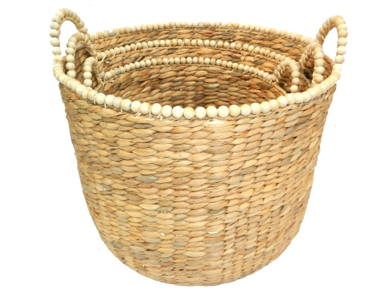 Superior Curvilinear Water Hyacinth Storage Baskets with Wooden Beads - Set of 3 Nesting Organizers